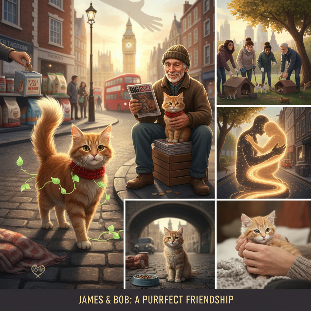 An encouraging scene showing ways to help street animals and nurture cat-human bonds, including activities such as donating, volunteering, and caring interaction between a person and a cat.