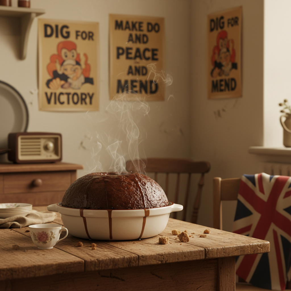 Step-by-step depiction of making War and Peace pudding: mixing dry ingredients in a bowl, adding liquid, greasing and filling a pudding basin, covering with parchment foil tied with string, steaming on the stove, and finally serving with jam, syrup, and custard.