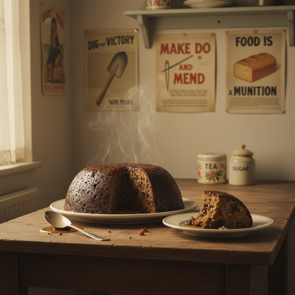 A nostalgic wartime British kitchen scene featuring a warm, moist War and Peace pudding on a rustic wooden table with vintage wartime rationing posters in the background.