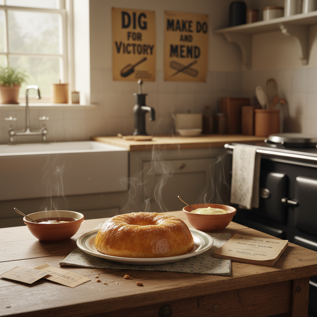A cozy wartime-themed scene representing the historical and cultural significance of War and Peace pudding: vintage photographs or illustrations from WWII era, ration books, along with the pudding on a festive table, symbolizing hope and resilience during rationing.