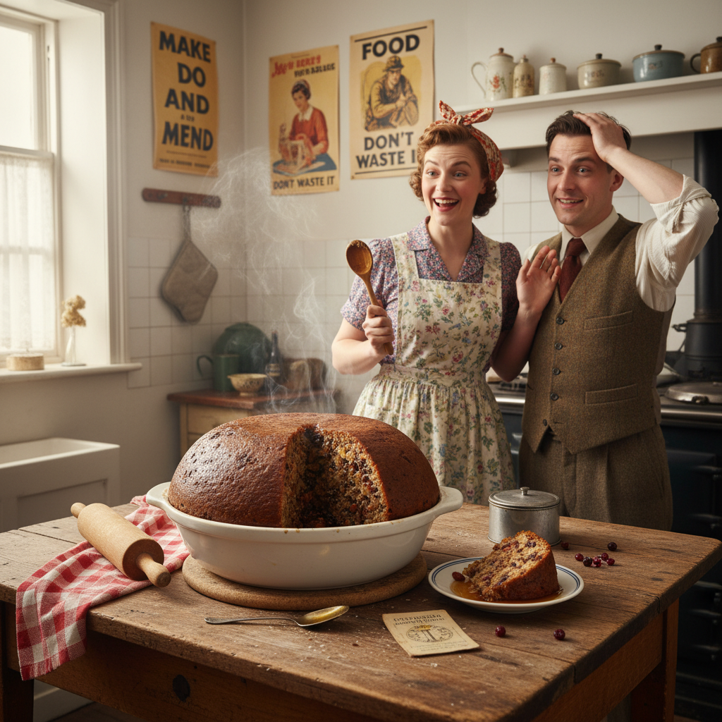 An artistic overhead shot of the key ingredients for War and Peace pudding laid out: plain flour, fresh breadcrumbs, suet or melted butter, mixed dried fruits (raisins, currants, sultanas), grated carrot or potato, sugar, and a bowl of cold milk or water.