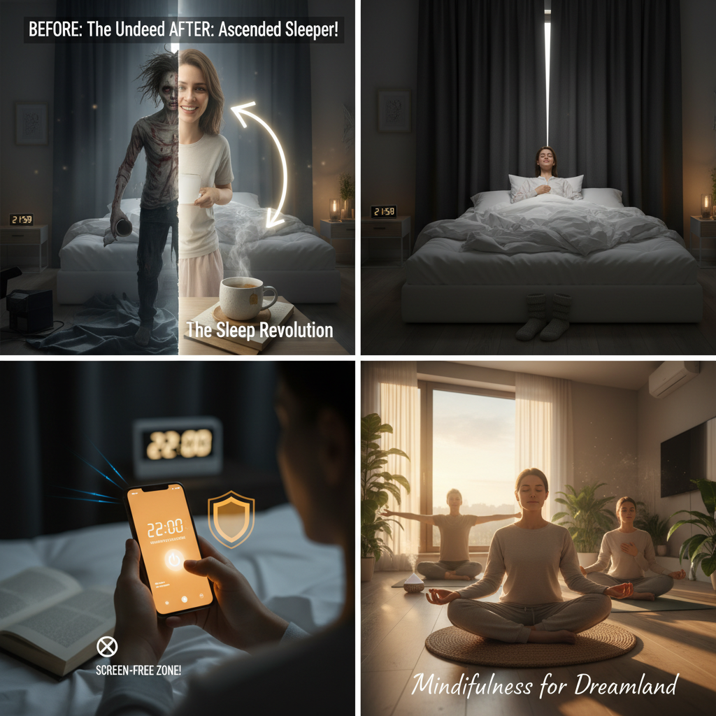 A cozy bedroom scene optimized for sleep: dark room with blackout curtains, comfortable mattress, cool temperature indicated, and a relaxing bedtime routine setup such as a book and a cup of herbal tea.