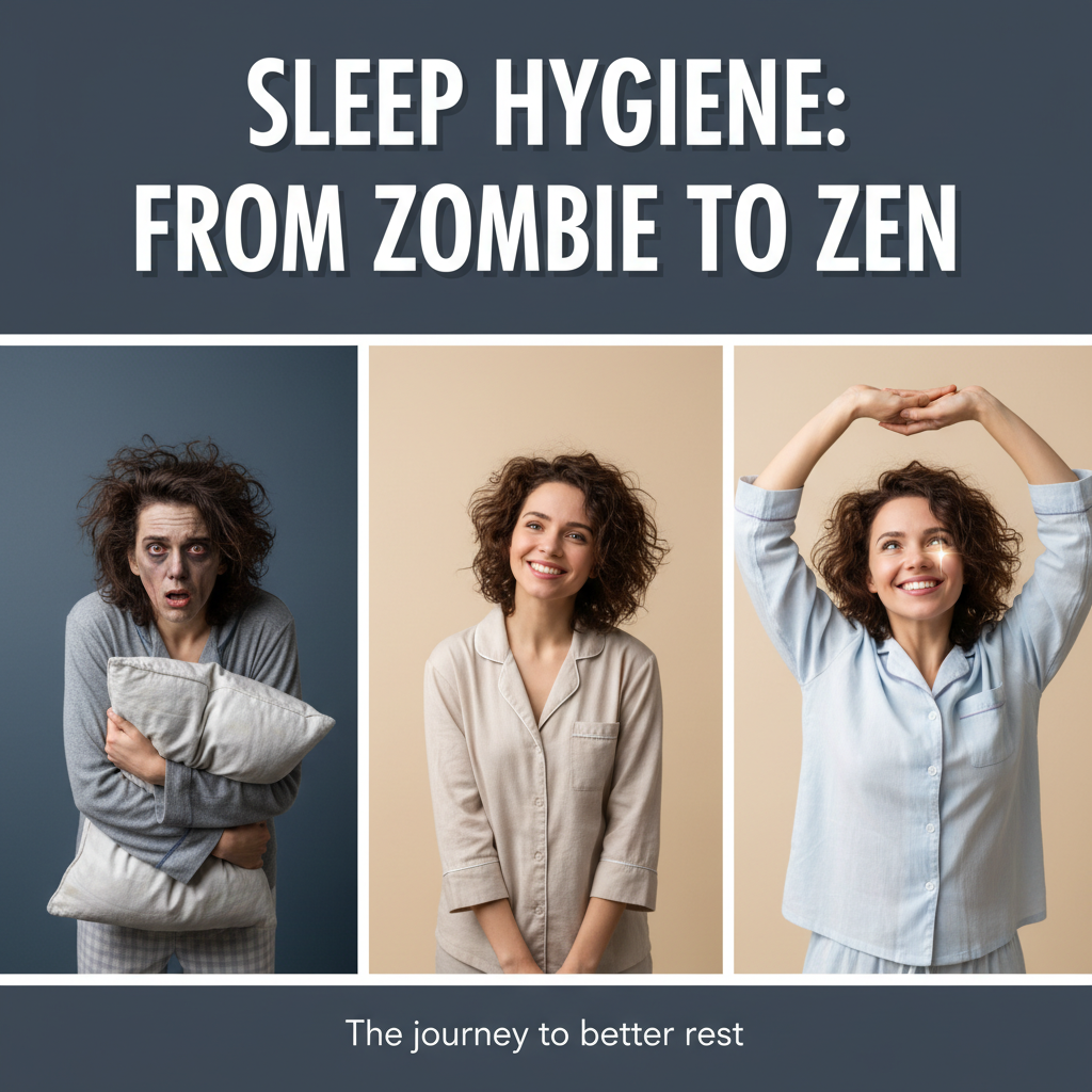 An illustration showing a person happily reflecting on their improved sleep, transitioning from tired and zombie-like to calm and refreshed, symbolizing the importance of sleep hygiene.