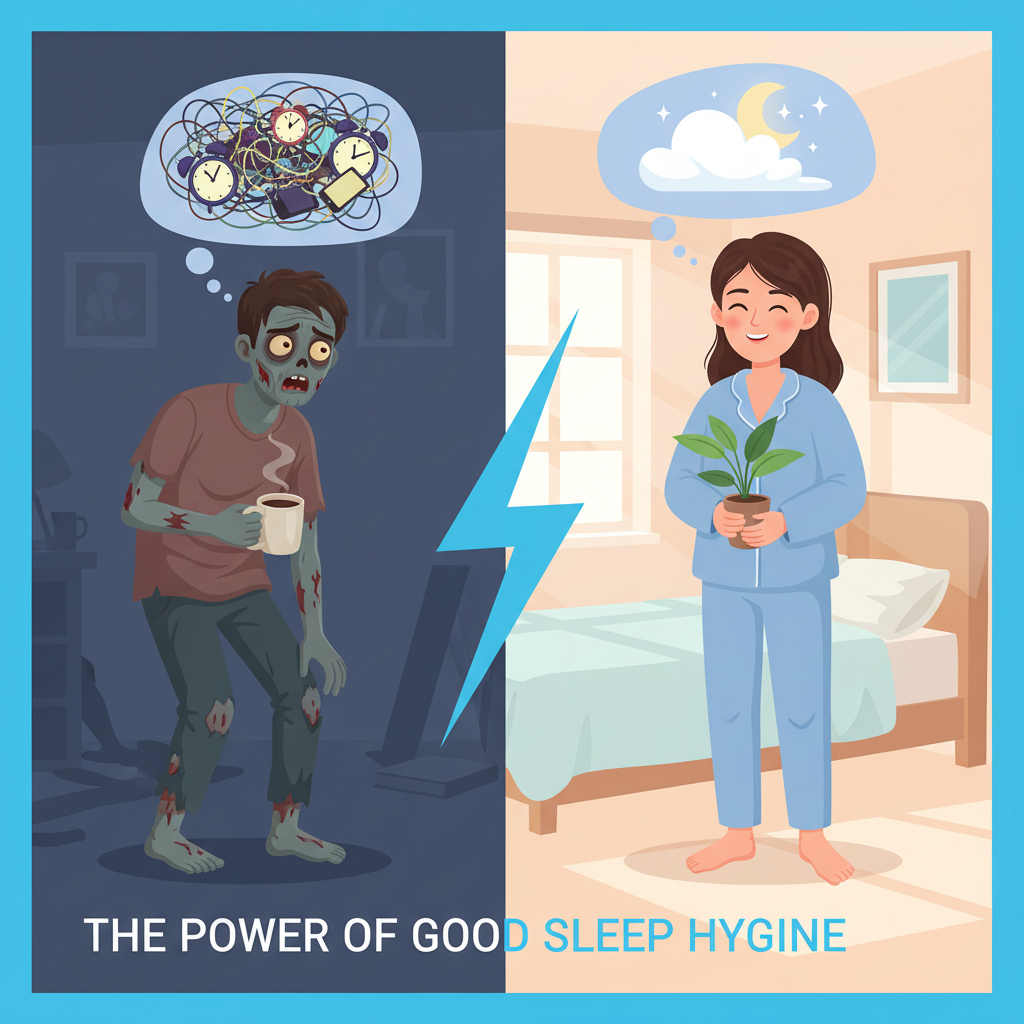 A calming visualization of relaxation techniques: a peaceful setting with someone meditating, practicing deep breathing, or doing gentle yoga, portraying stress relief and preparation for restful sleep.