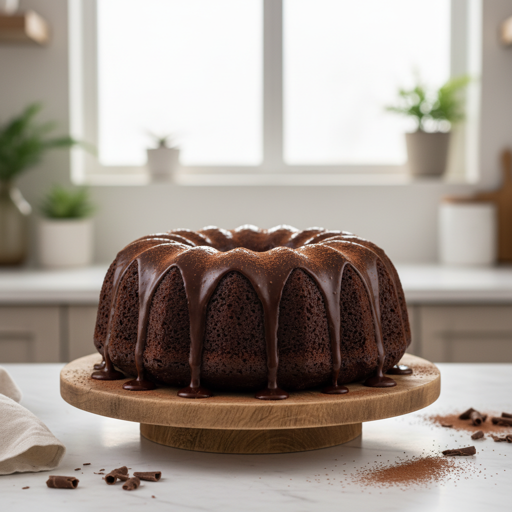Moist chocolate bundt cake topped with glossy ganache glaze