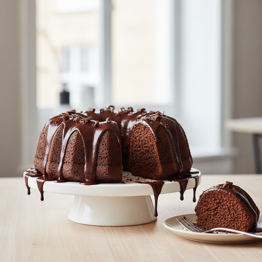 Freshly baked chocolate bundt cake cooling in a fluted pan