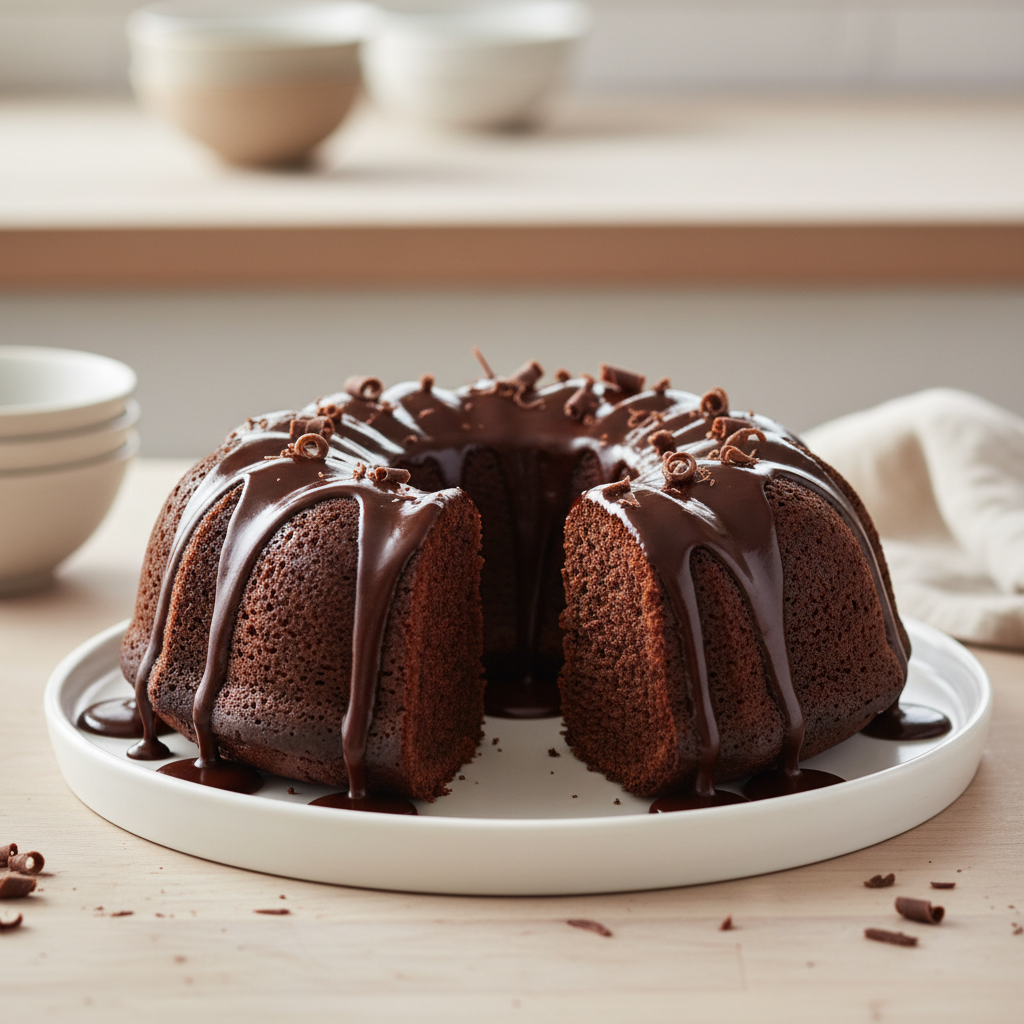 Whisking chocolate bundt cake batter in a glass mixing bowl