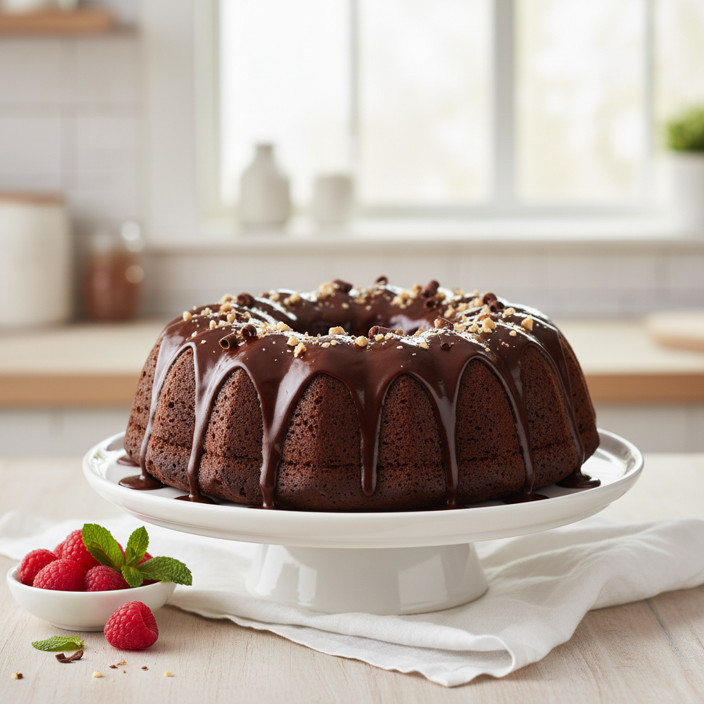 Bundt cake ingredients arranged in bowls – cocoa powder, flour, sugar, eggs