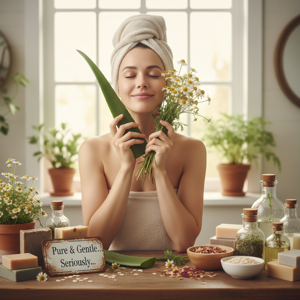 Botanical ingredients like aloe vera, chamomile, and natural soaps representing pure and gentle skincare