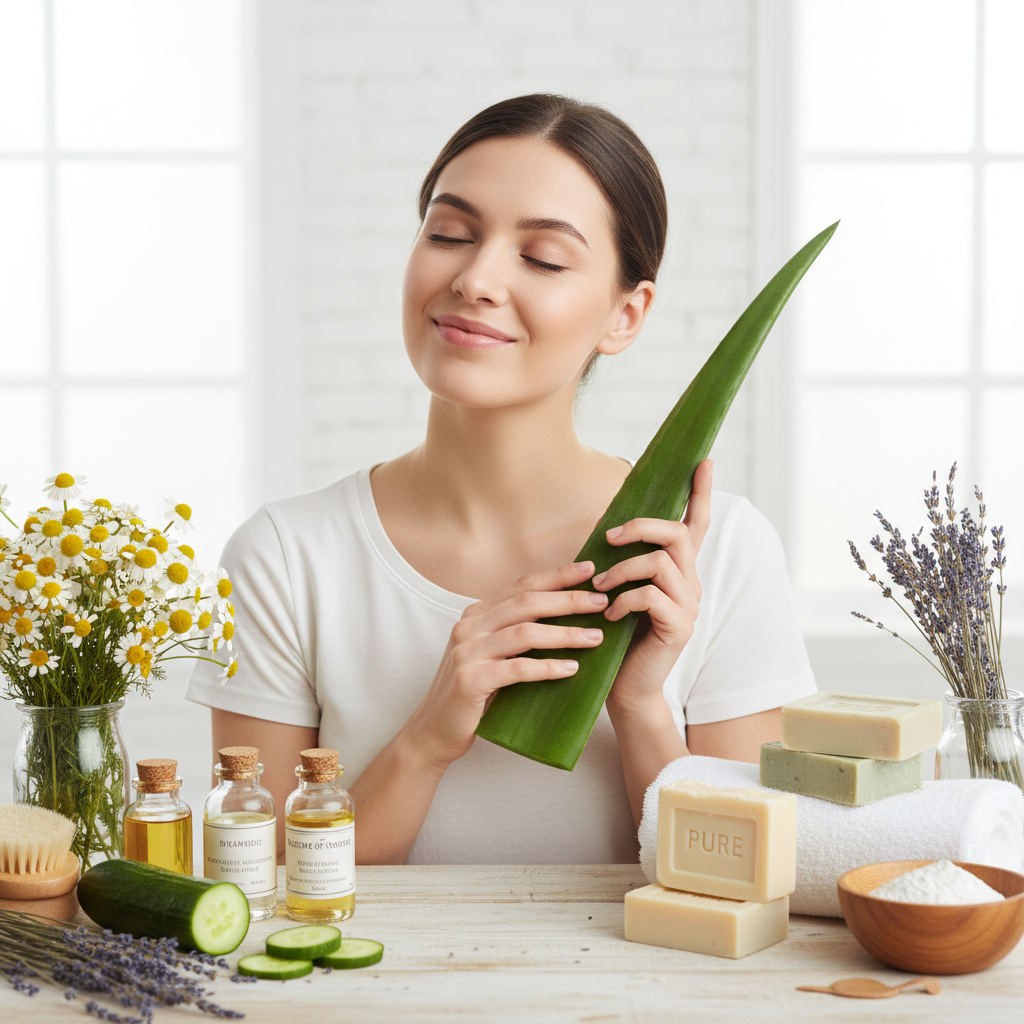 Clean, organized flat lay of skincare products including gentle cleanser, alcohol-free toner, antioxidant serum, lightweight moisturizer, sunscreen, exfoliant, face mask, and facial oil