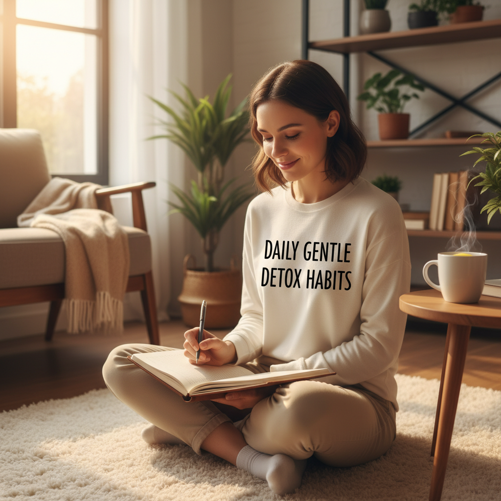 A vibrant, healthy meal plate featuring cruciferous vegetables, berries, nuts, and a glass of lemon water next to exercise gear and a steaming sauna, representing natural detox tips for body wellness.