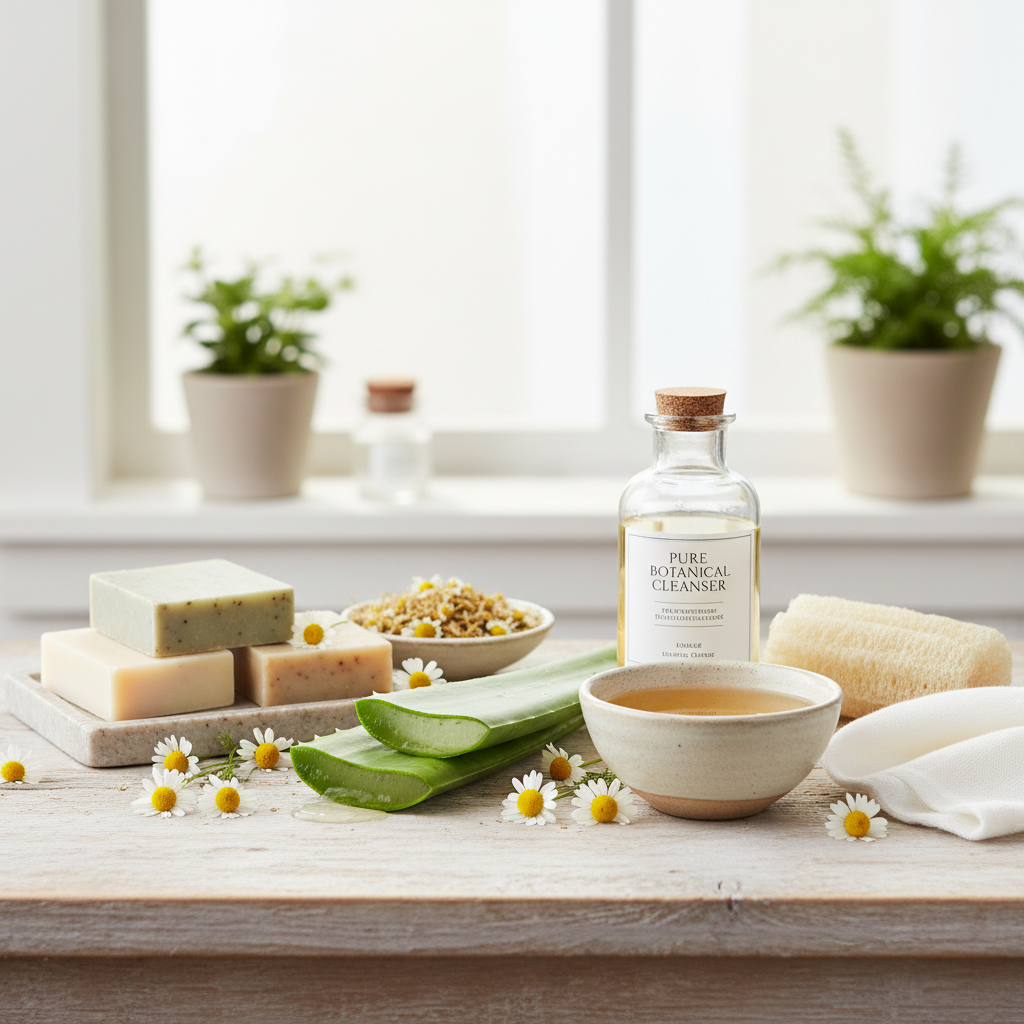 Before-and-after style image showing transformation from irritated skin to glowing, healthy skin with natural, artisanal skincare products