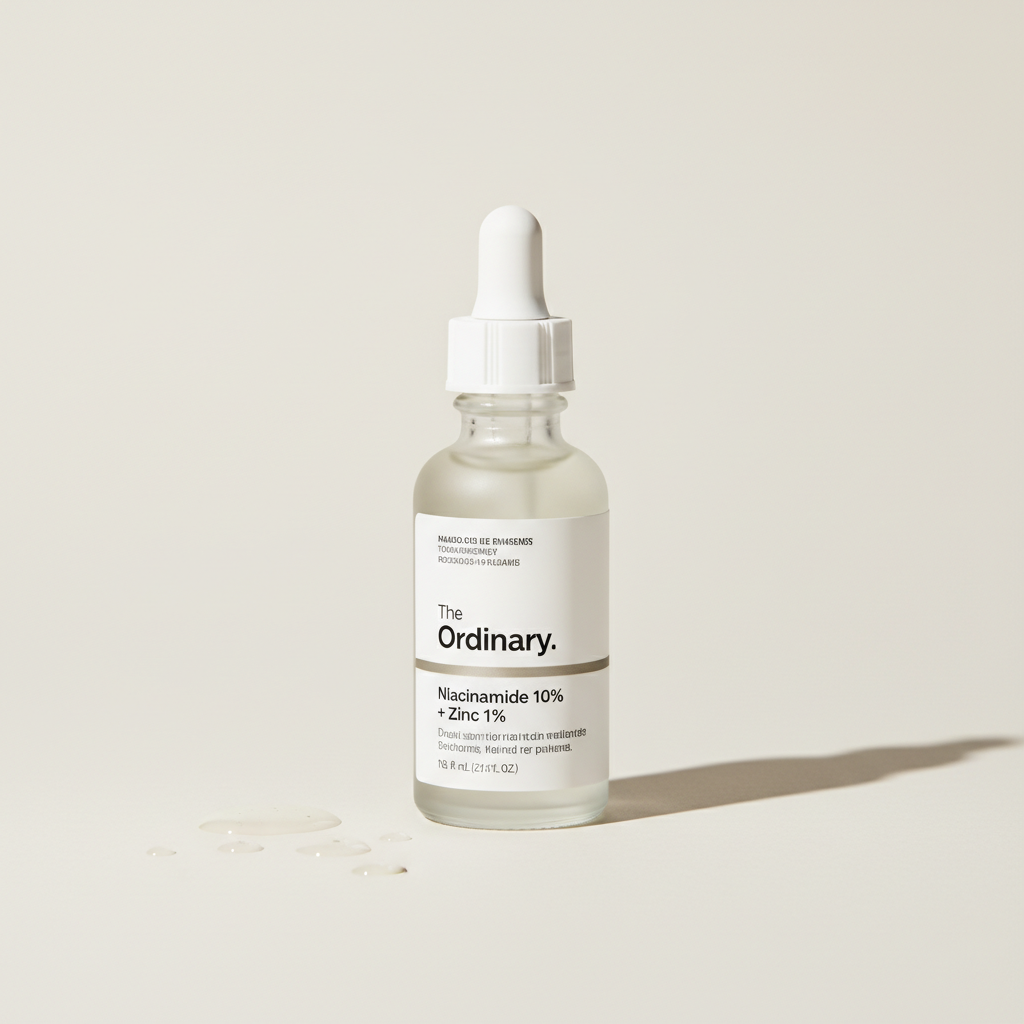 Infographic showing benefits of Niacinamide serum reducing oiliness, minimizing pores, evening skin tone, strengthening skin barrier