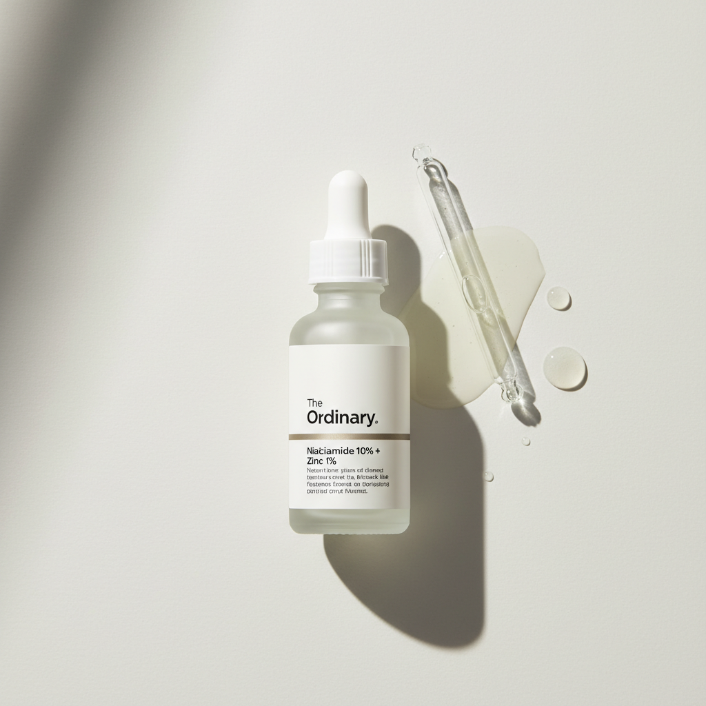 The Ordinary Niacinamide 10% + Zinc 1% serum bottle on minimalistic background