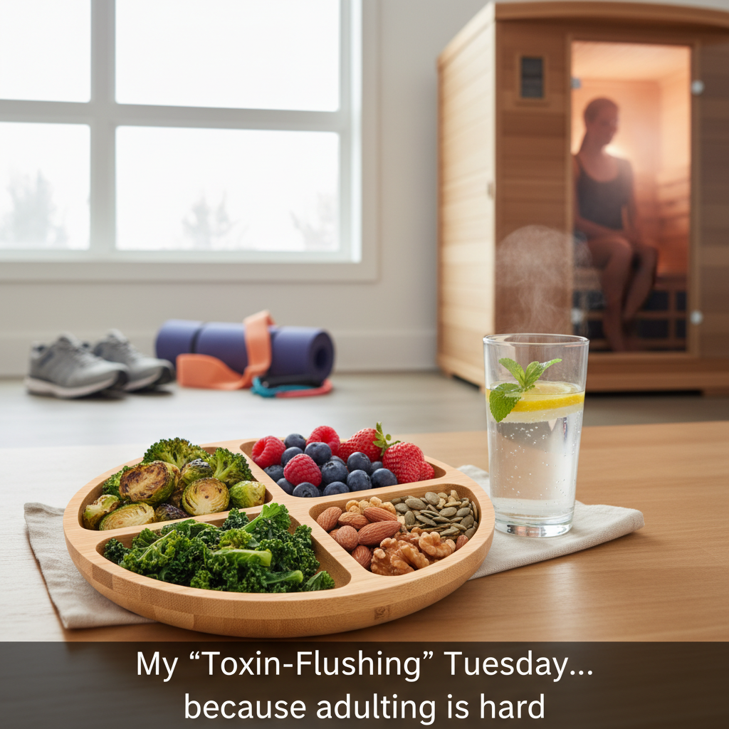 A cozy, calming home setting with someone journaling with a cup of herbal tea and soft lighting, reflecting a personal detox journey and the final encouragement for gentle daily detox habits.