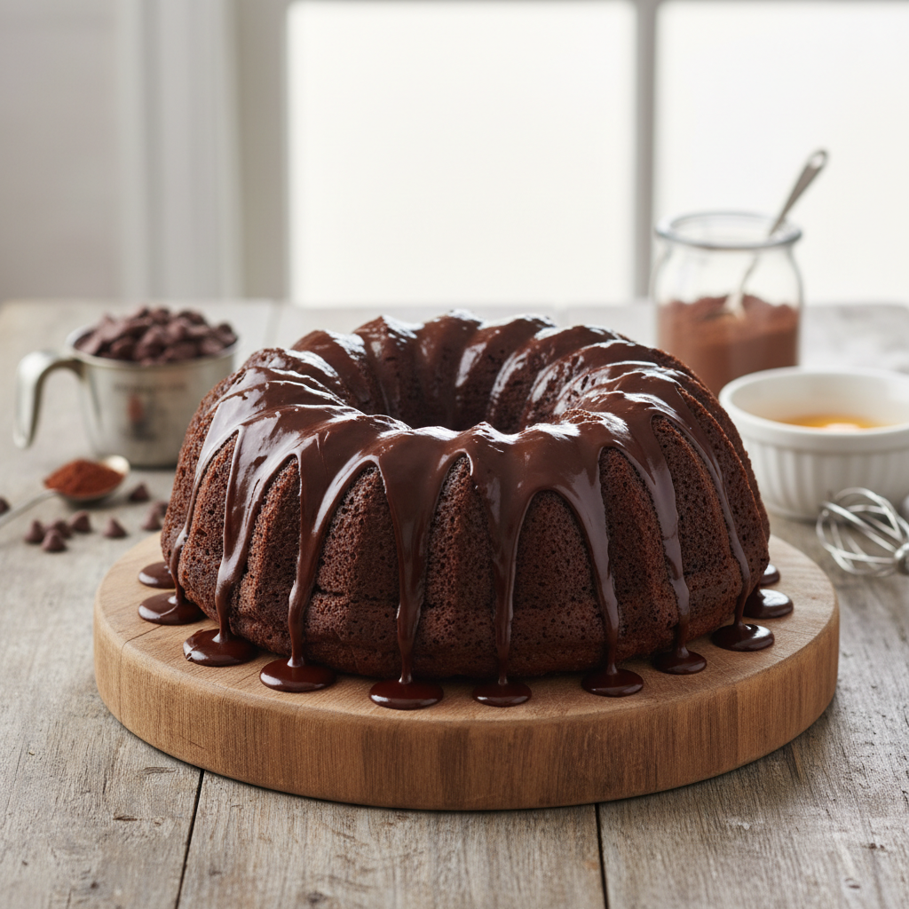 A beautifully styled image of a moist, rich chocolate Bundt cake with a glossy chocolate ganache glaze, highlighting the elegant swirl shape of the Bundt pan cake, placed on a rustic wooden table with baking ingredients in the background.