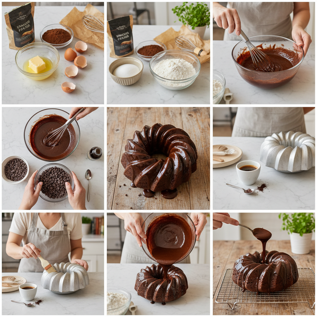 A step-by-step visual collage showing crucial stages of the baking process: greasing the Bundt pan, mixing the chocolate batter smoothly, folding in chocolate chips, pouring the batter into the pan, and drizzling the glossy ganache glaze on the cooled cake.