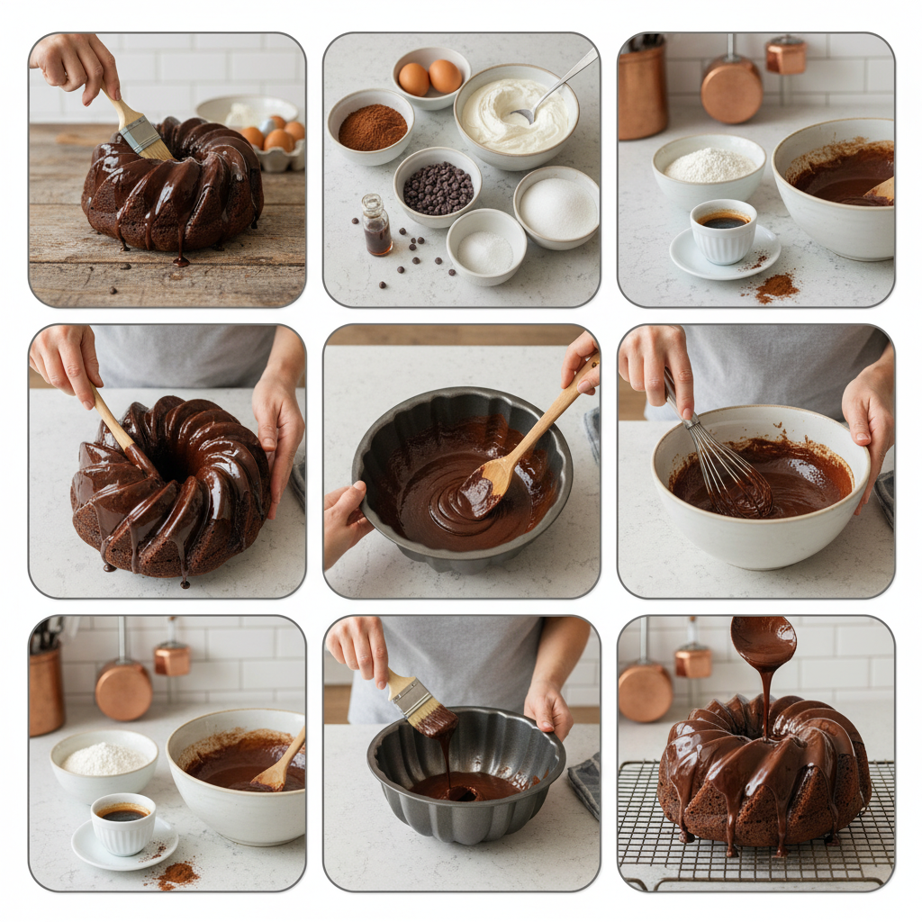 An artistic flat lay of all the key ingredients for the chocolate Bundt cake recipe, including melted butter, Dutch-process cocoa powder, full-fat sour cream, eggs, sugar, flour, baking soda, vanilla extract, mini chocolate chips, and a Bundt pan, arranged neatly on a kitchen counter.