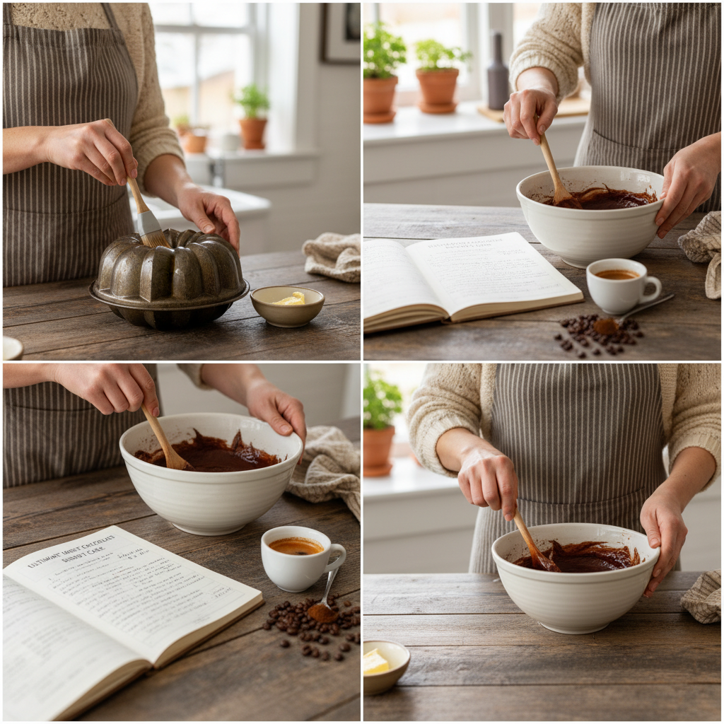 A warm, inviting kitchen scene featuring a baker following pro tips by carefully greasing a Bundt pan, gently mixing batter by hand, and having a cup of espresso or espresso powder nearby, symbolizing the expert baking advice for making the ultimate moist chocolate Bundt cake.