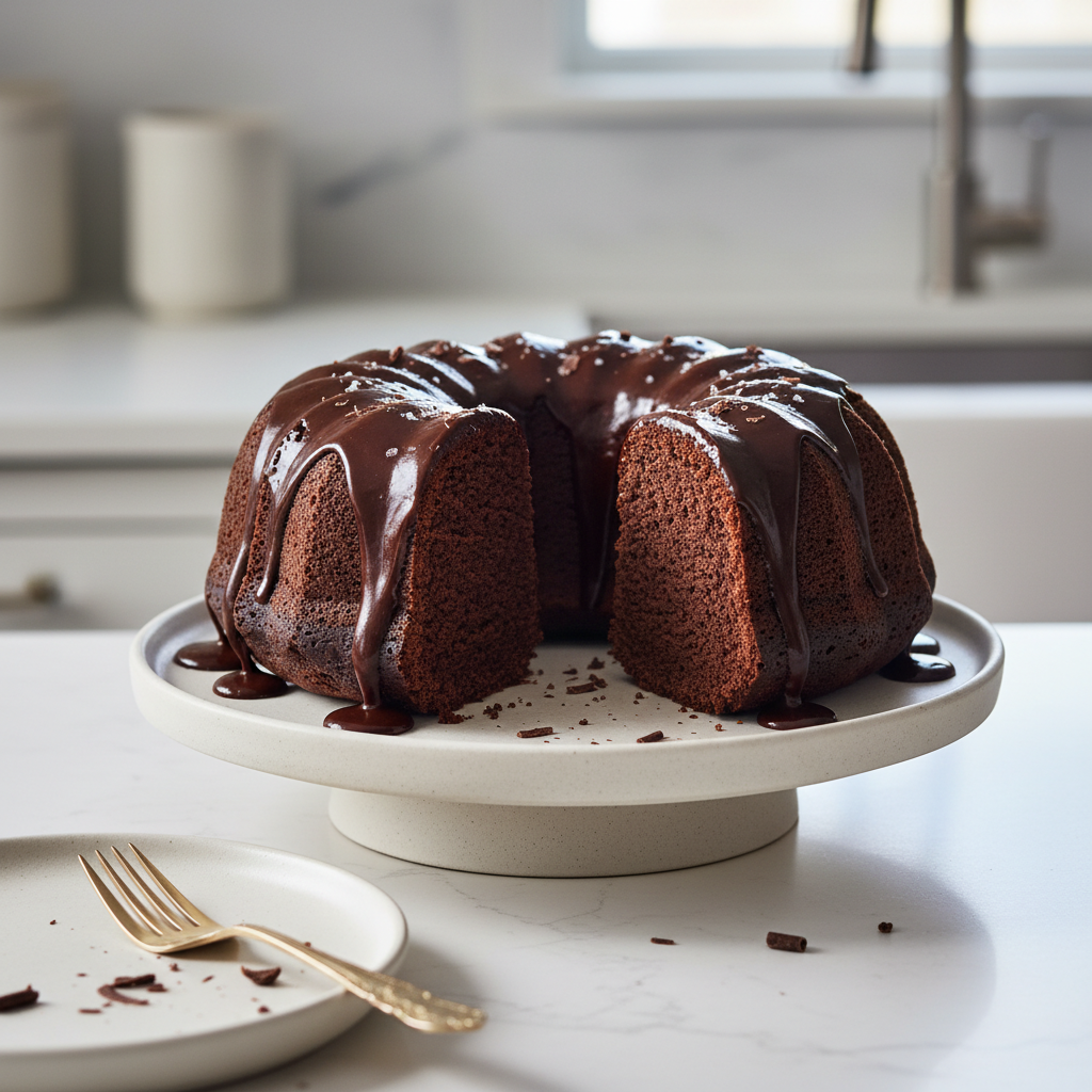 An image of a rich, moist chocolate bundt cake with a shiny ganache glaze, showcasing the perfect bundt shape and texture.