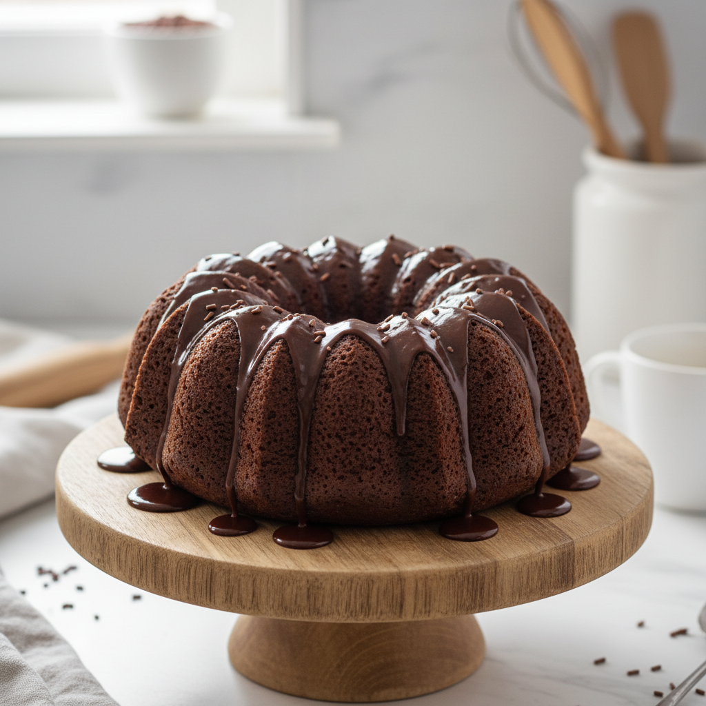 A flat lay or organized image of all the ingredients needed for the chocolate bundt cake recipe, including Dutch-processed cocoa powder, flour, sugars, eggs, milk, butter, oil, coffee, and optional ganache ingredients.
