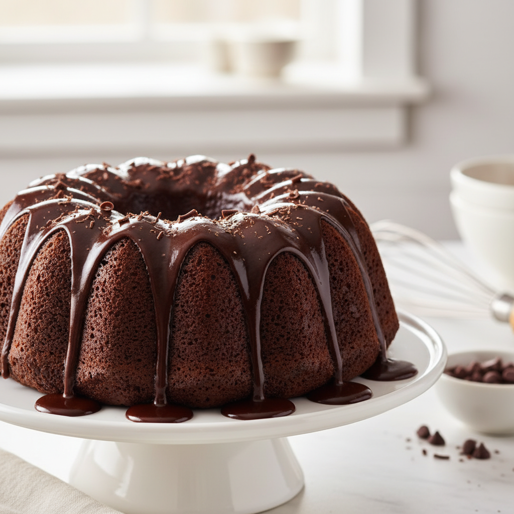 A cozy kitchen scene with a baker applying or drizzling the glossy ganache glaze over the cooled bundt cake, with tools and ingredients visible, capturing the final decorative step.