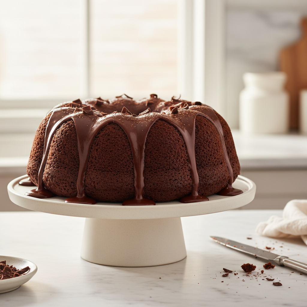 Step-by-step visual of the baking process: mixing dry and wet ingredients, pouring batter into a greased bundt pan, and placing the pan in an oven with temperature visible (350°F).