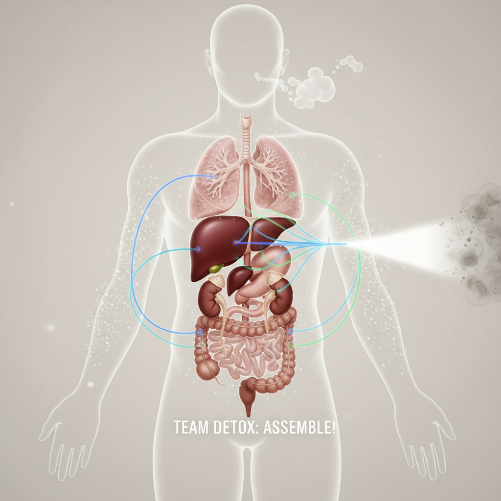 Illustration of the body's detox organs including liver, kidneys, gut, skin, and lungs working together to eliminate toxins, symbolizing natural detoxification.
