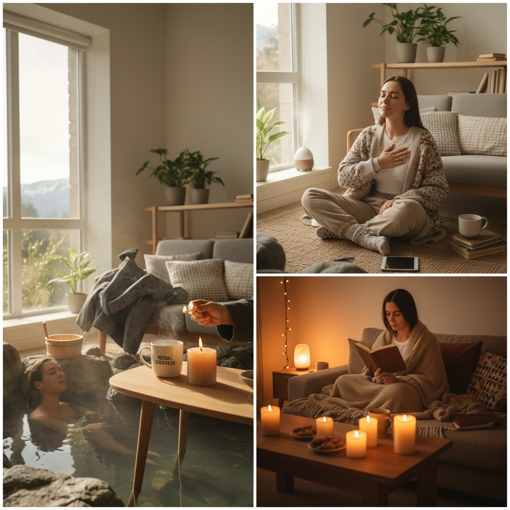 A serene evening scene showing someone unplugging from electronic screens and reading a book or journaling by warm, dim lighting.