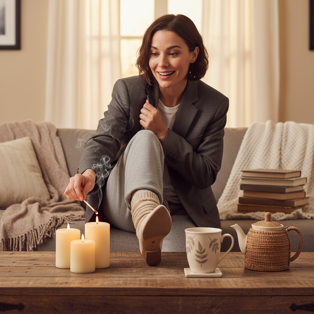 A person switching off work mode by changing out of office clothes and lighting candles, with a cozy setting including a cup of herbal tea.