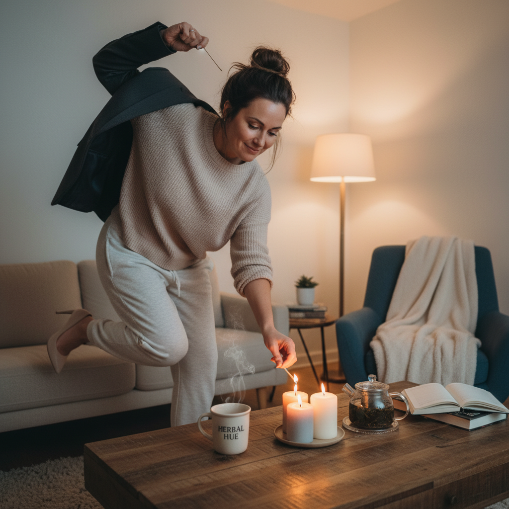 A depiction of global relaxation rituals: a Japanese onsen bath scene and a Scandinavian hygge setting with candles, blankets, and comfort food.