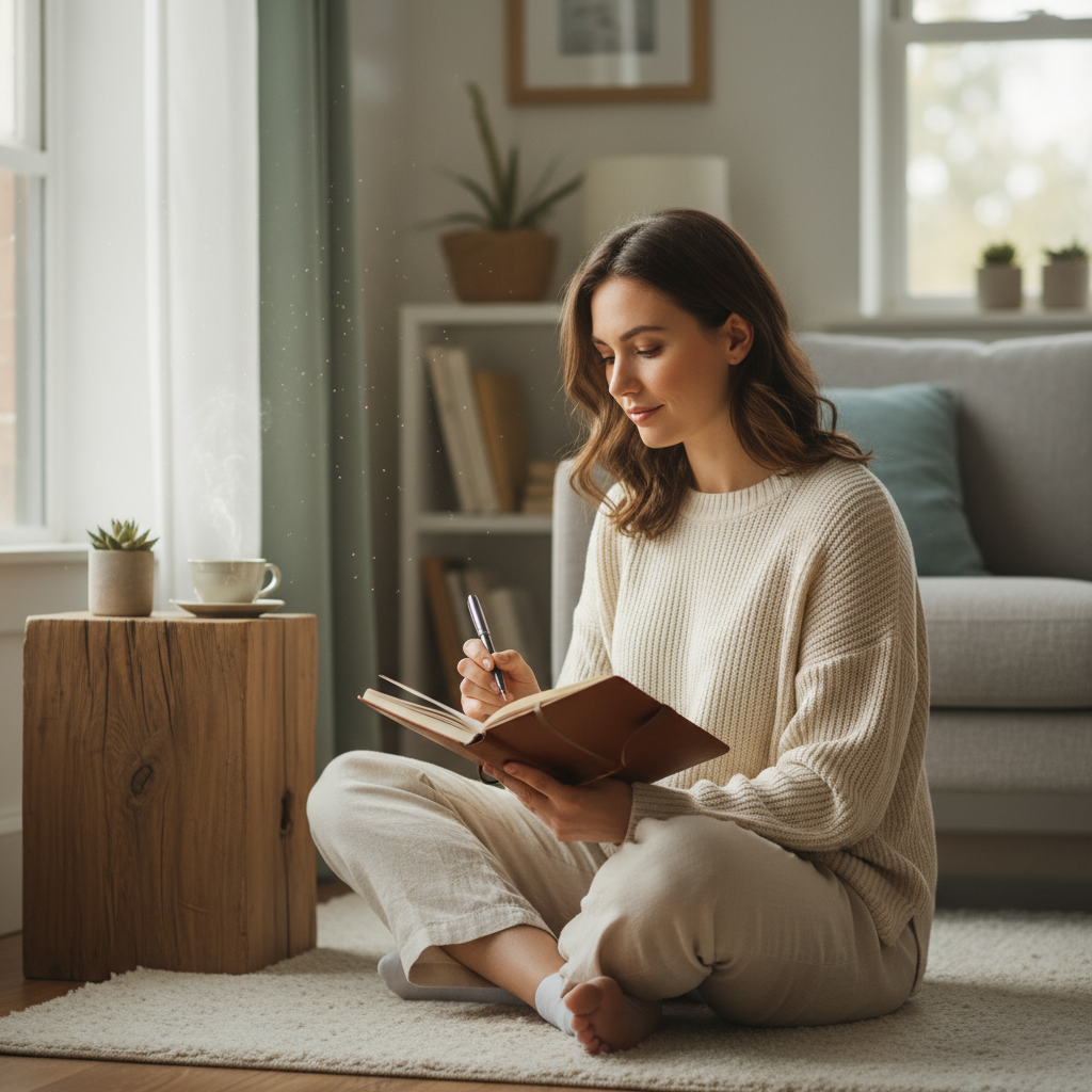 Calming infographic showcasing the key scientific benefits of mindful journaling such as reduced stress, improved emotional regulation, boosted self-awareness, enhanced clarity, and encouragement of gratitude.