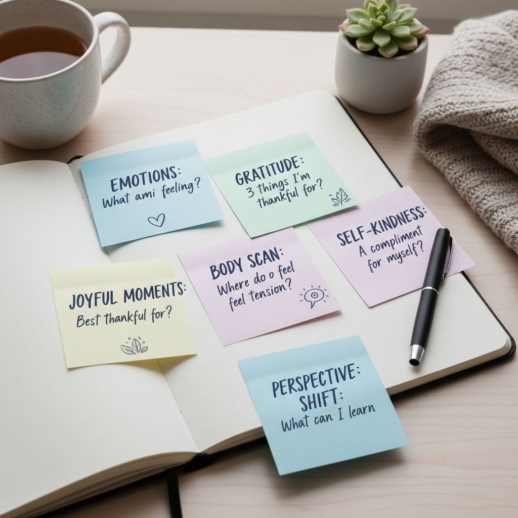 Step-by-step visual guide depicting a serene environment for journaling, setting intentions, writing freely without judgment, using prompts, and ending with gratitude — demonstrating how to start mindful journaling easily.