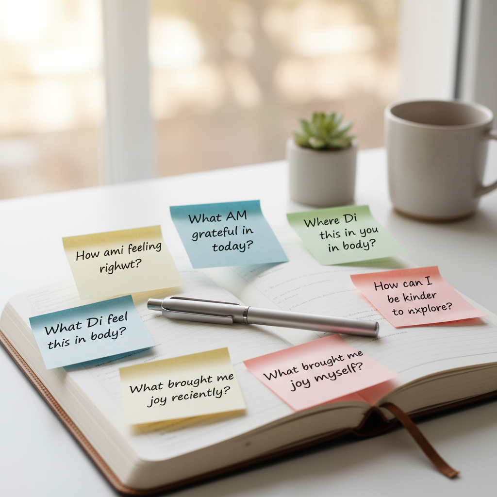 A collection of mindful journaling prompts shown as sticky notes or cards around a journal, encouraging reflection on emotions, gratitude, physical sensations, joyful moments, self-kindness, and life perspectives.