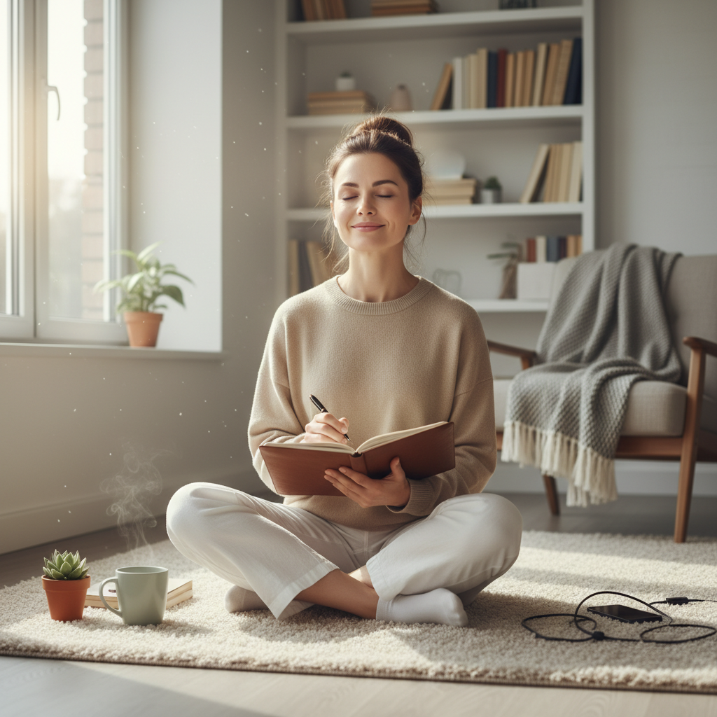 Person sitting peacefully with a journal and pen, fully focused and mindful, representing mindful journaling and deep self-awareness.