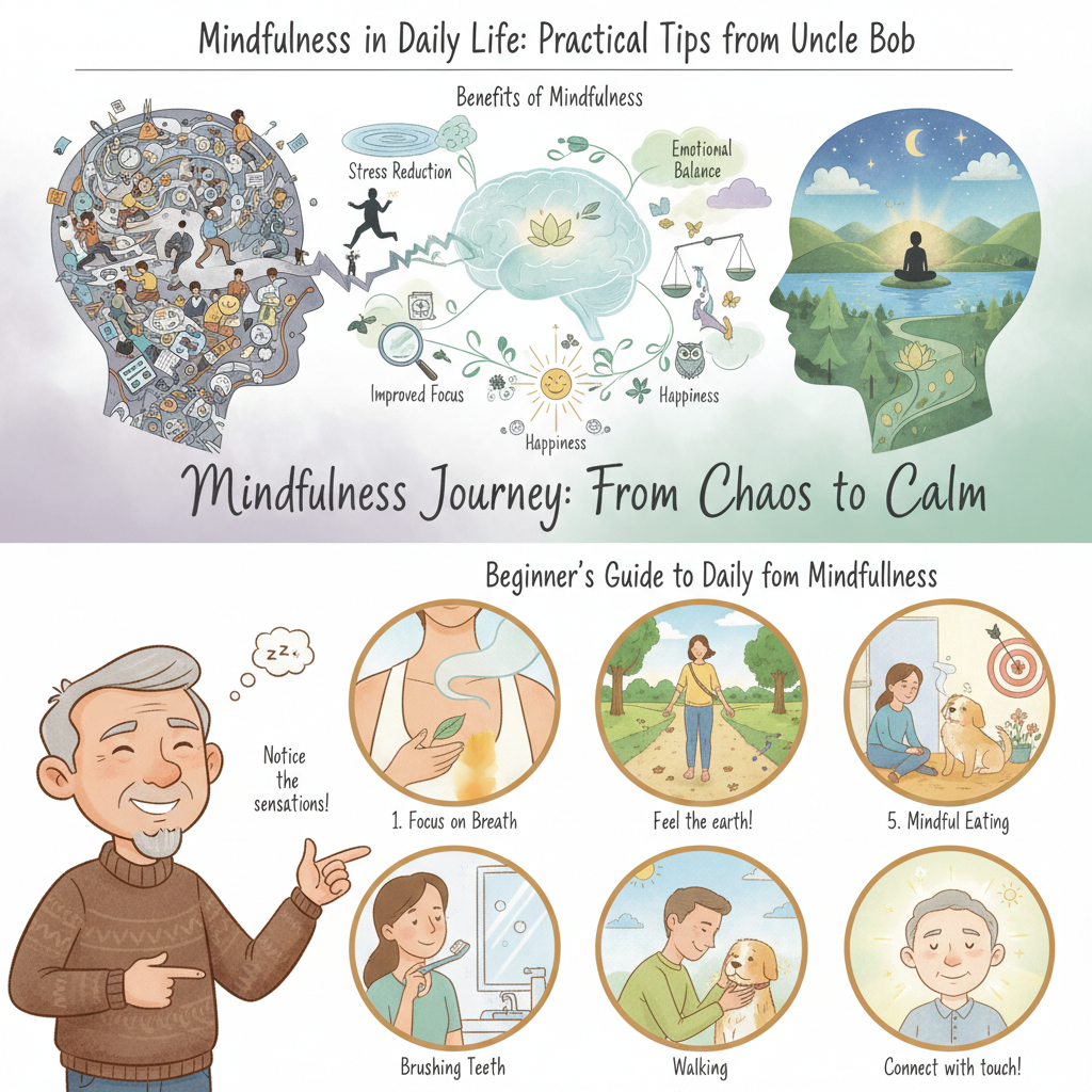 A conceptual image showing mindfulness benefits such as stress reduction, emotional balance, improved focus, and happiness, represented with calming nature elements and a peaceful brain illustration.