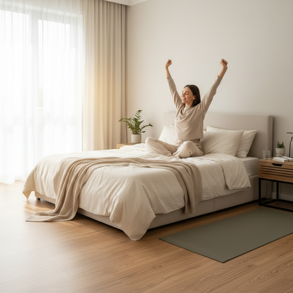A peaceful morning scene illustrating the importance of a healthy morning routine: a person waking up energized with sunlight streaming through the window, surrounded by calming colors and a tidy bedroom.