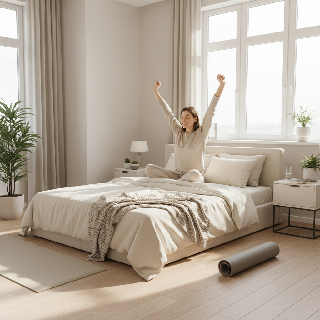A collage showcasing the core components of a healthy morning routine: a glass of water for hydration, a person meditating peacefully, someone doing morning exercises like yoga or stretching, and a healthy breakfast plate with oatmeal and avocado toast.