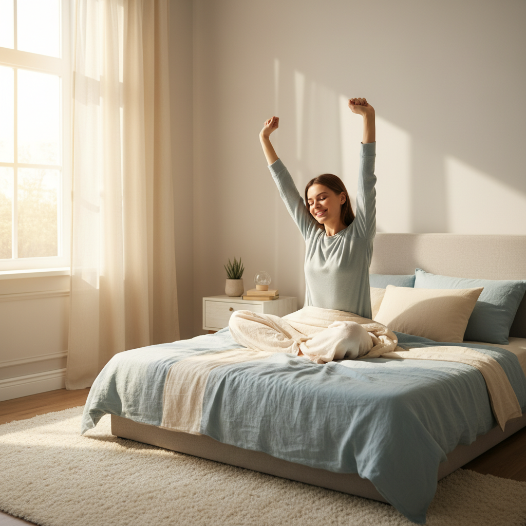 An encouraging image depicting personal tips for success: a person journaling or setting intentions, enjoying morning sunlight outdoors, and turning away from a phone screen to engage in mindful breathing or stretching.