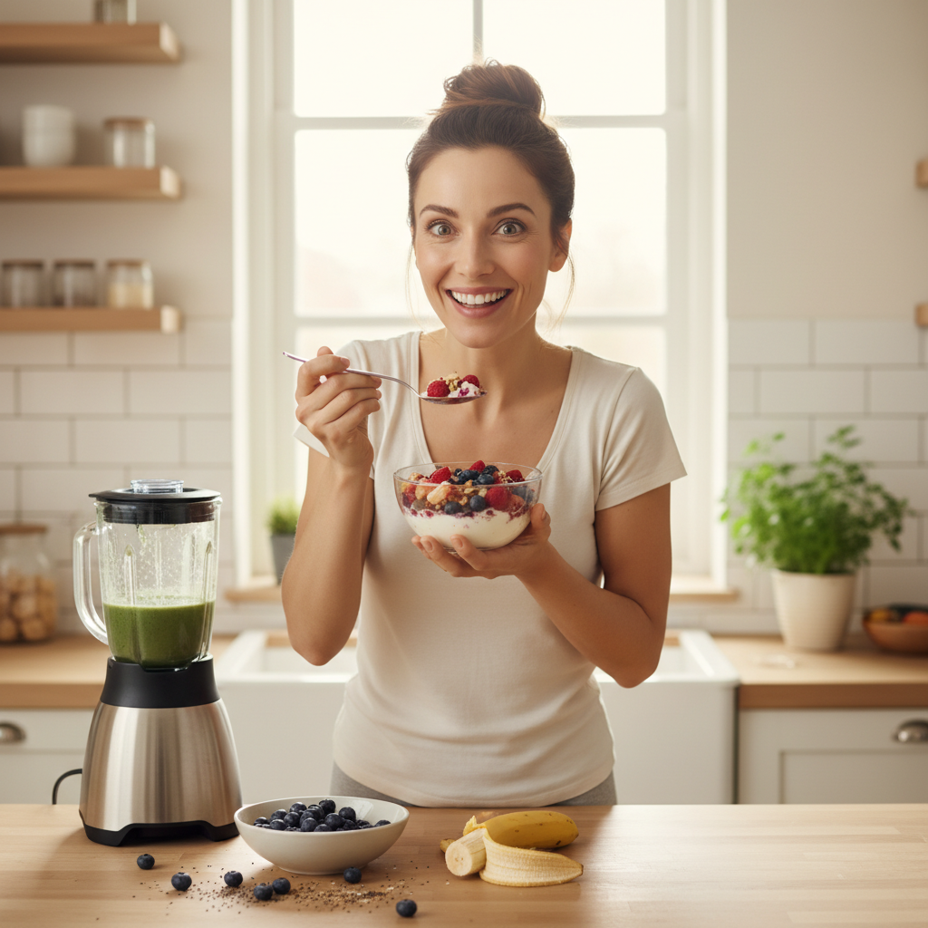 A kitchen countertop organized with batch-prepped breakfast items, appliance gadgets like a blender and muffin tins, and pantry staples such as Greek yogurt, oats, nuts, and frozen fruits, illustrating tips for making breakfast quicker and healthier.