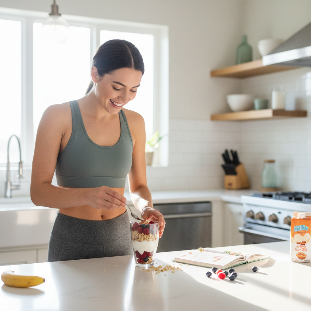A vibrant collage or lineup of the top 5 quick healthy breakfast ideas: Greek yogurt parfait with berries and nuts, overnight oats with chia seeds and banana, veggie egg muffins, avocado toast with whole grain bread and poached egg, and a green smoothie with spinach, Greek yogurt, and mixed fruits.