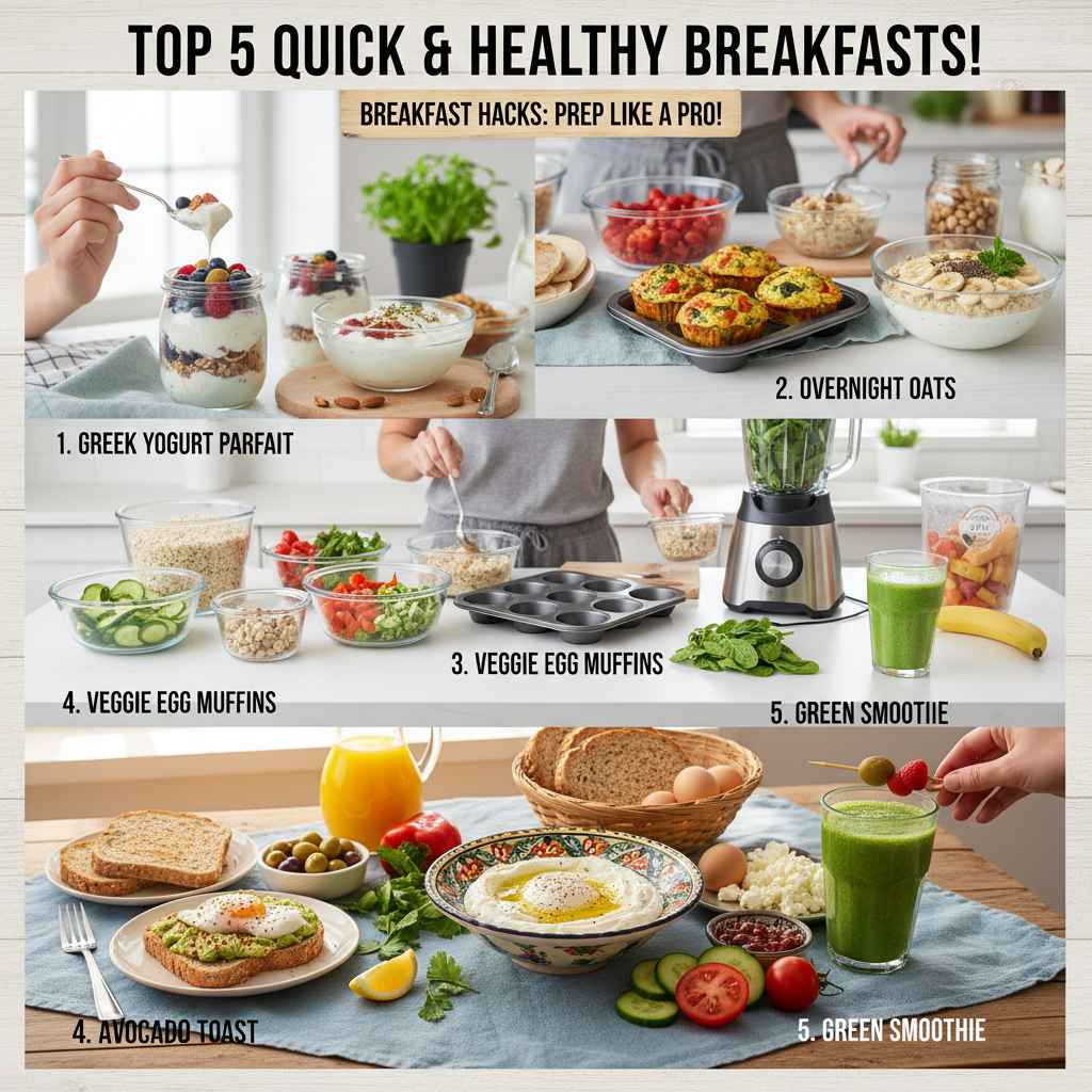 An energizing morning scene showing a person happily preparing or enjoying a quick healthy breakfast in a bright kitchen, emphasizing a sense of energy and focus.