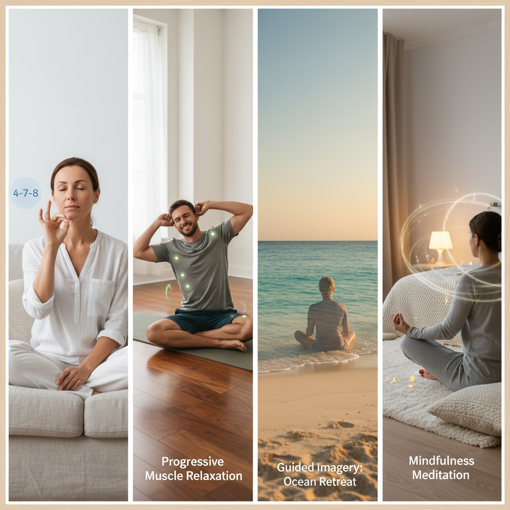 A composite image showcasing four key relaxation techniques: a person practicing the 4-7-8 deep breathing technique, a person doing progressive muscle relaxation exercises, a serene beach scene for guided imagery, and a person meditating calmly in a cozy bedroom.