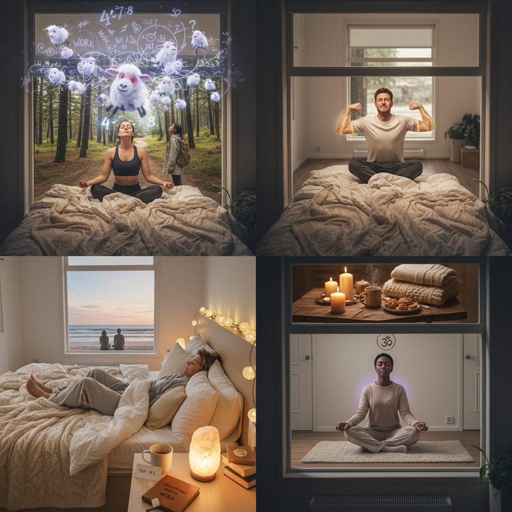 A cultural montage image featuring elements symbolizing global relaxation practices: a peaceful Japanese forest representing Shinrin-yoku (forest bathing), a hygge-inspired Scandinavian cozy scene with candles and blankets, and a person engaged in mindfulness meditation, highlighting the universal nature of nighttime relaxation.