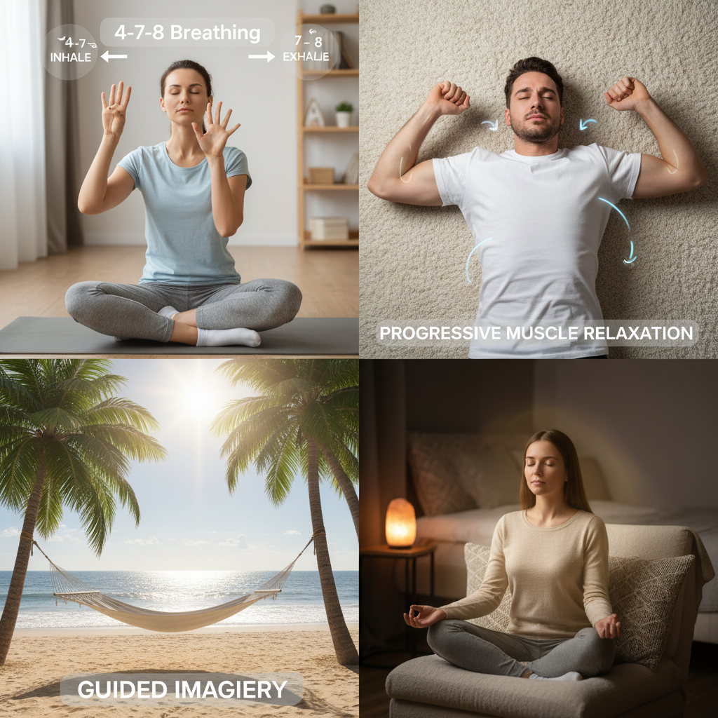 An illustration representing nighttime anxiety with a restless person lying in bed surrounded by swirling worried thoughts and sheep jumping over the bed.