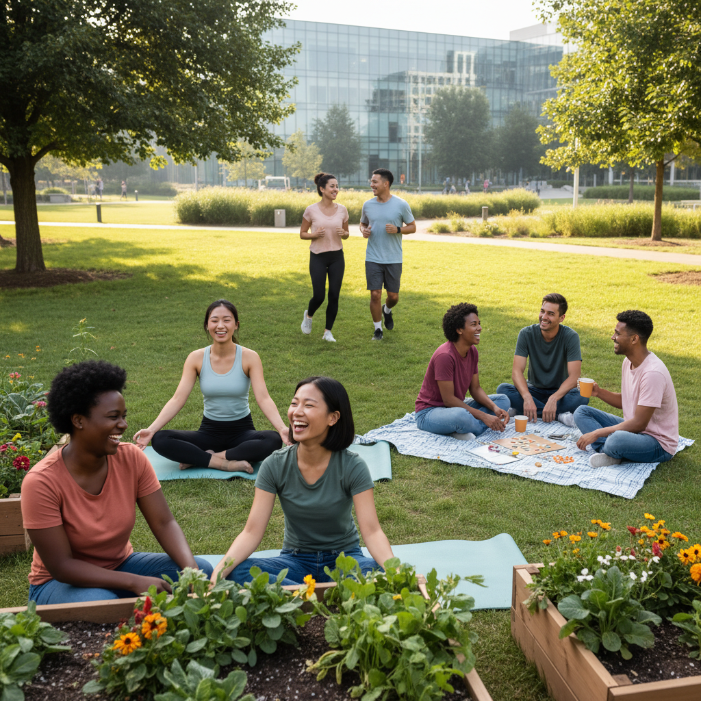 An illustration of a person peacefully practicing self-care, such as mindful breathing or taking a calming walk, surrounded by symbols representing physical, emotional, and spiritual wellbeing.