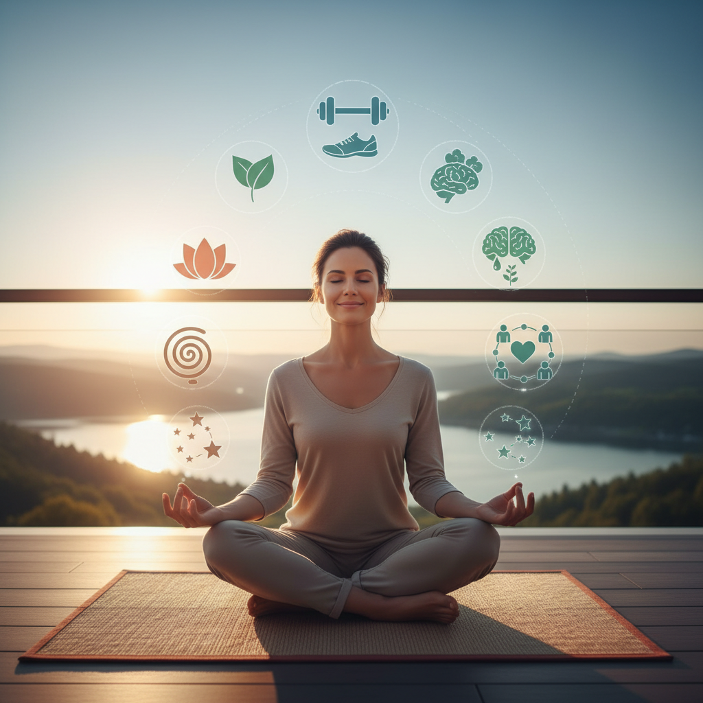 A diverse group of people engaging in joyful activities together—exercising, practicing yoga, gardening, and connecting meaningfully—showing the holistic approach to self-care.