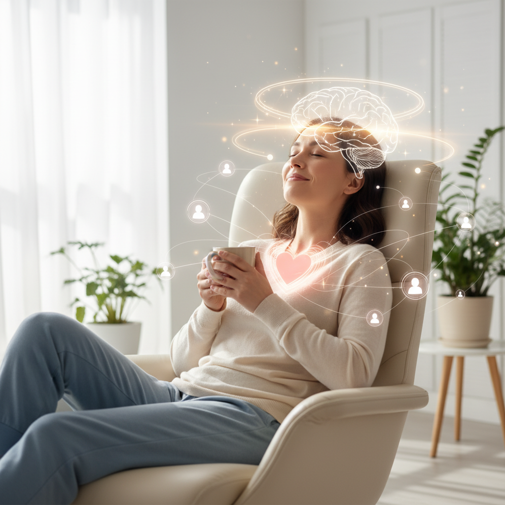 A calming and inviting scene of a person beginning their self care routine at home, perhaps with morning coffee, stretching, and journaling items nearby.