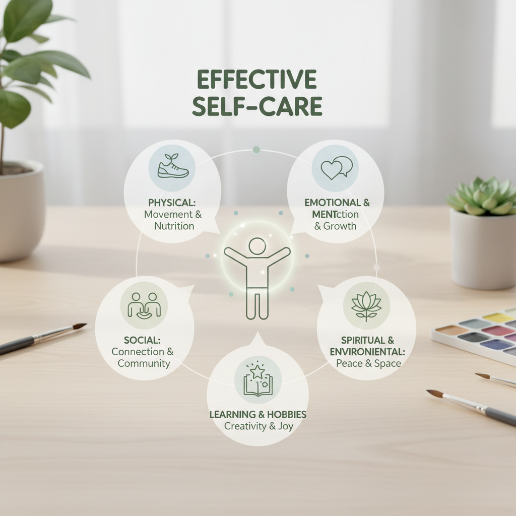 An illustration representing the importance of self care, showing a person rejuvenating with elements like a brain, heart, and social connections symbolized around them.