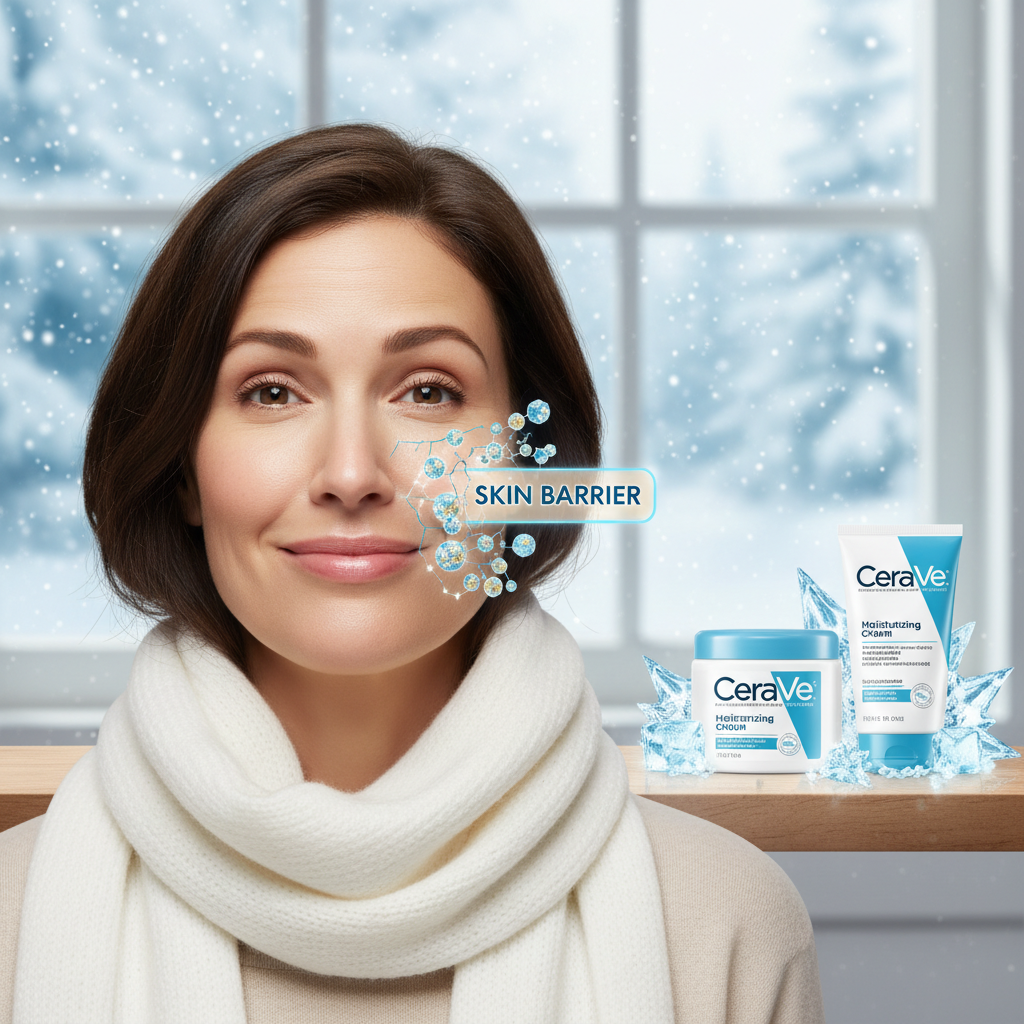 Flat lay of top CeraVe skincare products including cleansers and moisturizers for daily routine